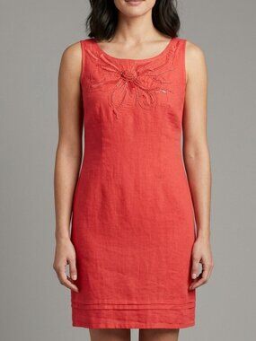 H.O.G. Coral Linen and Cotton Dress with Embroidery